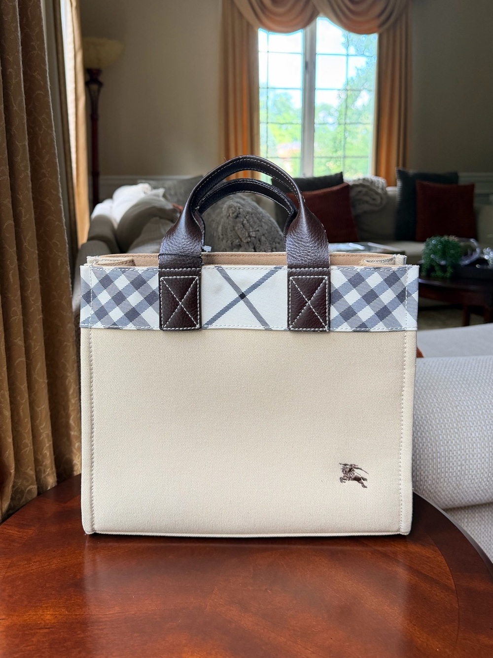 Burberry Blue Label Beige Canvas Nova Check Leather Handle Tote Bag
